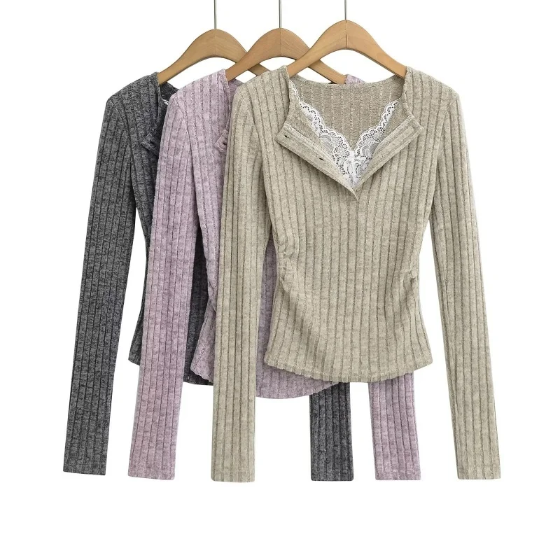 Ele V-ne Lace Splicing Long Sve Base irt Slim Fit Эластичный осенне-зимний женский вязаный топ Нежная внутренняя одежда
Ele V-ne Lace Splicing Long Sve Base irt Slim Fit Эластичный осенне-зимний женский вязаный топ Нежная внутренняя одежда