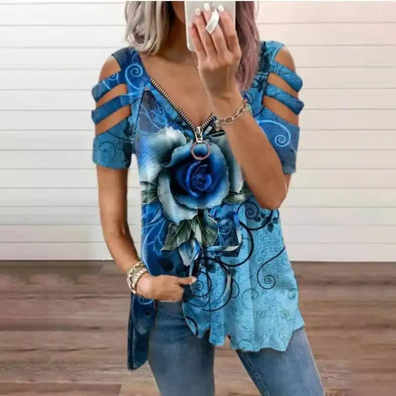 Women's T-shirt Spring and Summer Fashion New Flower Print V-neck Zipper Shirt Short-sleeved Casual T-shirt Female
Women's T-shirt Spring and Summer Fashion New Flower Print V-neck Zipper Shirt Short-sleeved Casual T-shirt Female