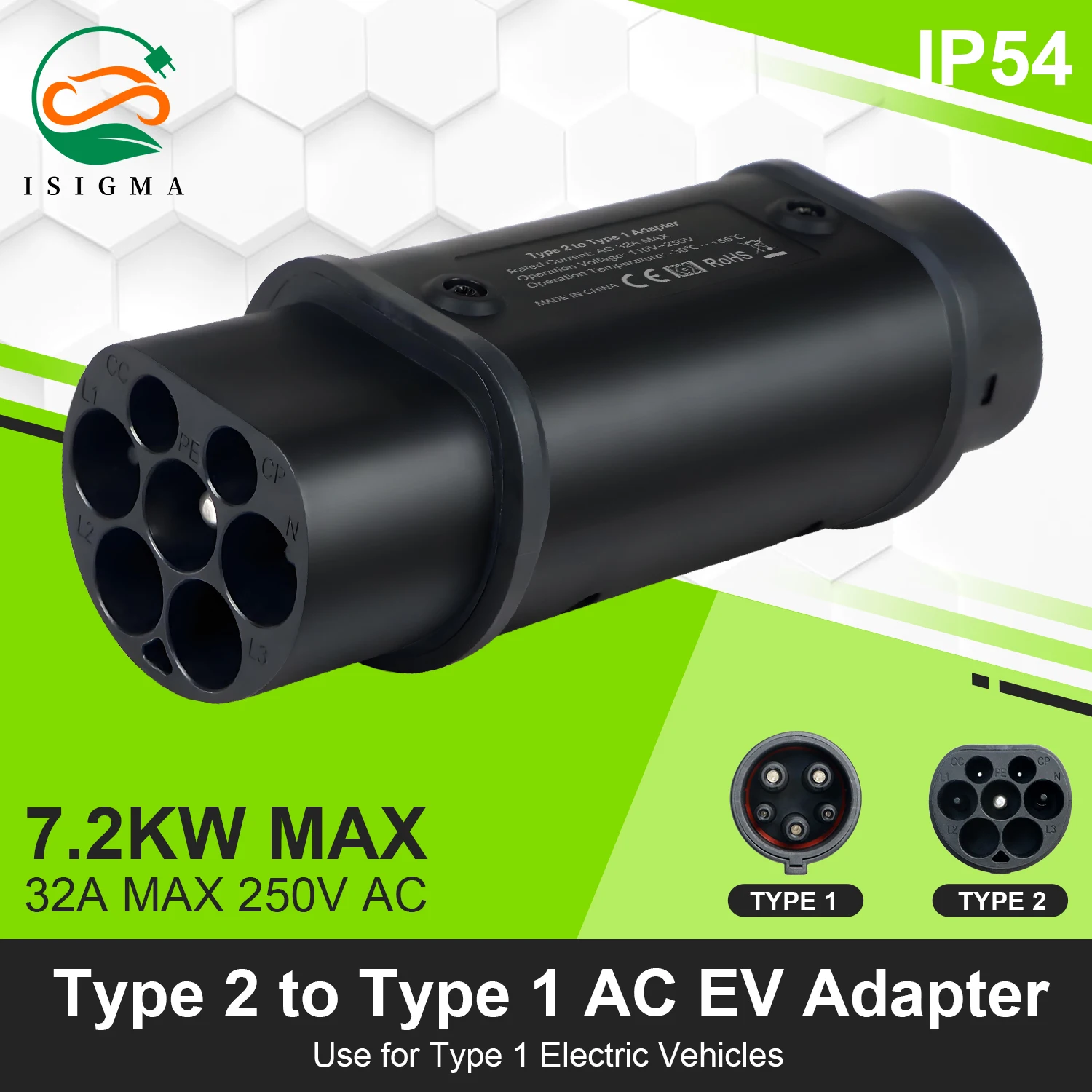 ISIGMA 7,2 кВт 32A 1P Тип 2 к Тип 1 Адаптер зарядного устройства EV SAE J1772 Автомобильный разъем для зарядки электромобиля
ISIGMA 7,2 кВт 32A 1P Тип 2 к Тип 1 Адаптер зарядного устройства EV SAE J1772 Автомобильный разъем для зарядки электромобиля