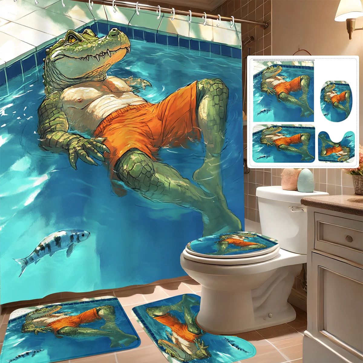 4pcs Shower Curtain Set, Modern Playful Pool Crocodile Design, Bathroom Decor, Includes 12 Hooks, Non-Slip Bath Mat, U-Shape
4pcs Shower Curtain Set, Modern Playful Pool Crocodile Design, Bathroom Decor, Includes 12 Hooks, Non-Slip Bath Mat, U-Shape
