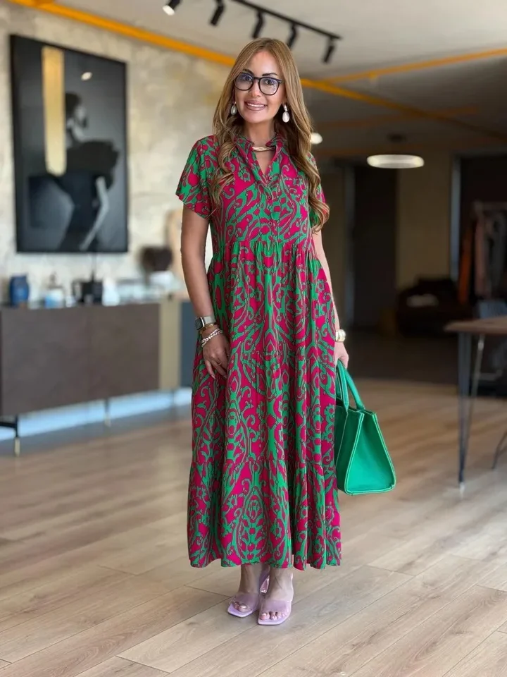 Women's Printed Pullover Dress Casual Daily Splicing Mid Waist Half High Collar Spring Summer Short Sleeved Jumpsuit Long Skirt 
Women's Printed Pullover Dress Casual Daily Splicing Mid Waist Half High Collar Spring Summer Short Sleeved Jumpsuit Long Skirt