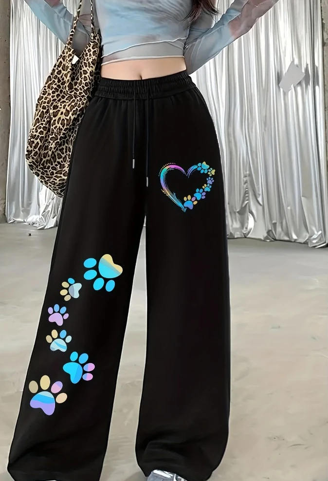 Black Pants with Colorful Paw Print and Heart Pattern, Casual Straight-Leg Elastic Waist Drawstring Wide-Leg Trousers for Women
Black Pants with Colorful Paw Print and Heart Pattern, Casual Straight-Leg Elastic Waist Drawstring Wide-Leg Trousers for Women