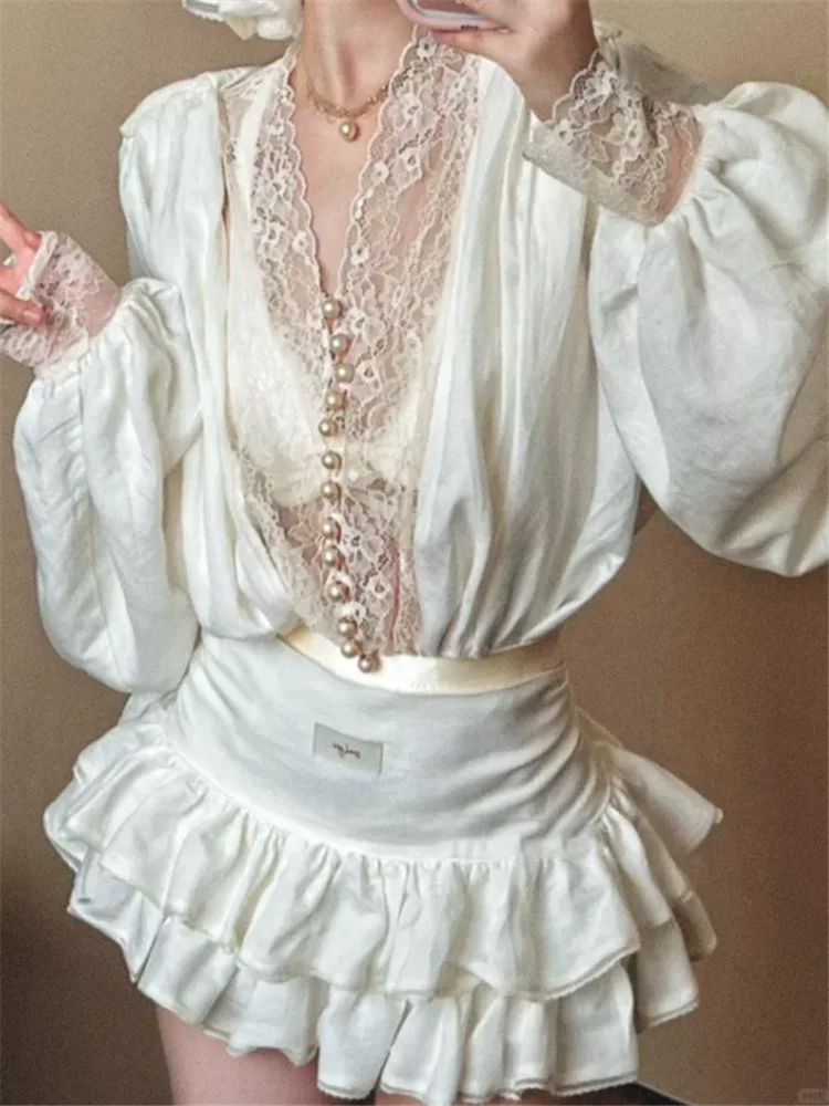 Palace Resort Style French Summer 2 Pieces Sets Lace V Neck Lantern Sleeve Loose Shirt Blouse&Ruffles Mini Skirt Vacation Dress
Palace Resort Style French Summer 2 Pieces Sets Lace V Neck Lantern Sleeve Loose Shirt Blouse&Ruffles Mini Skirt Vacation Dress