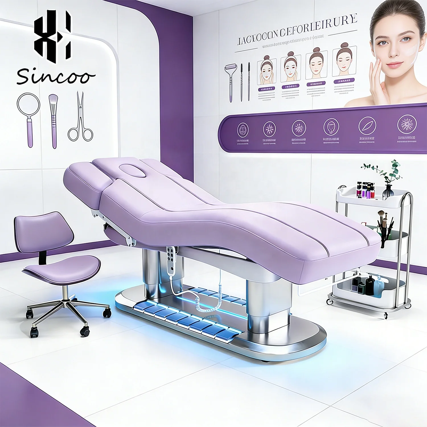 New Luxury Purple Heating Eyelash Bed Tilting 4/3 Motors Salon Facial Lash Beauty Bed Spa Medical Treatment Massage Table
New Luxury Purple Heating Eyelash Bed Tilting 4/3 Motors Salon Facial Lash Beauty Bed Spa Medical Treatment Massage Table