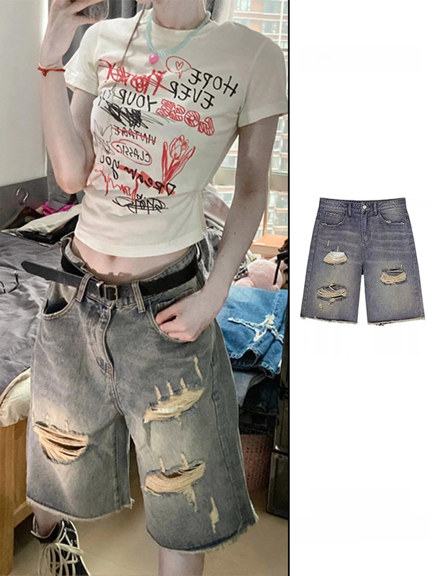 American High Street Style Women's Ripped Denim Shorts High Waist Straight Leg Wide Leg Pants Five-Point Summer New Arrivals
American High Street Style Women's Ripped Denim Shorts High Waist Straight Leg Wide Leg Pants Five-Point Summer New Arrivals