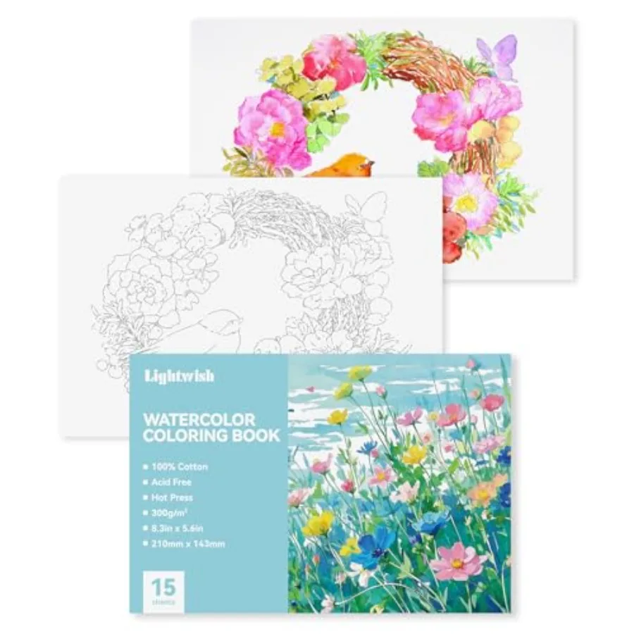 Watercolor Coloring Book for Adults and Beginners, 100% Cotton 300gsm/140lb Acid-Free Hot Press Paper, 8.3 x 5.6 Inch, 15 Sheet
Watercolor Coloring Book for Adults and Beginners, 100% Cotton 300gsm/140lb Acid-Free Hot Press Paper, 8.3 x 5.6 Inch, 15 Sheet
