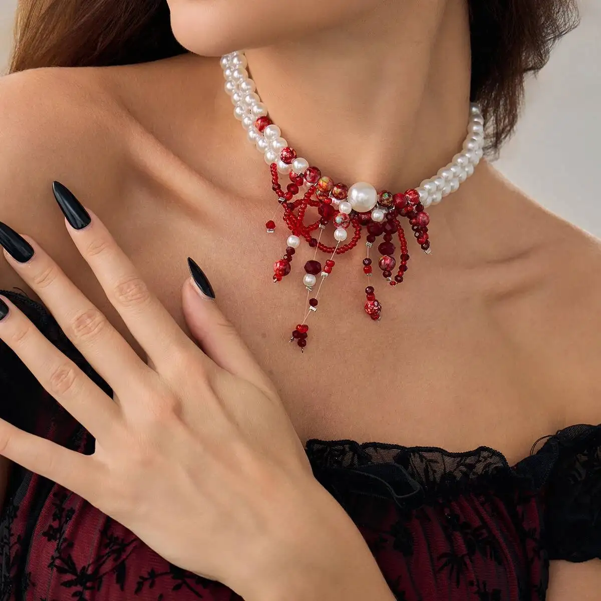 Lacteo Gothic Red Crystal Blood Drop Tassel Choker Necklace For Women Elegant Imitation Pearl Clavicle Chains Halloween Jewelry
Lacteo Gothic Red Crystal Blood Drop Tassel Choker Necklace For Women Elegant Imitation Pearl Clavicle Chains Halloween Jewelry