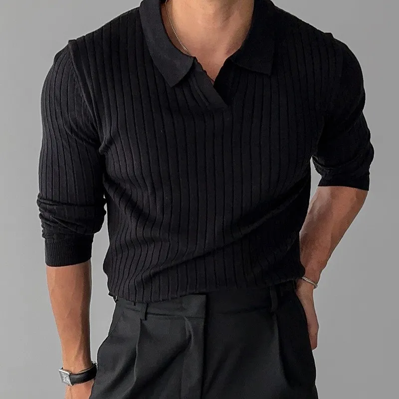 Casual Ribbed Knitted Slim Polo Shirts For Men Spring Long-sleeve Fashion Tops Male Vintage Pure Color Turn-down Collar T Shirt
Casual Ribbed Knitted Slim Polo Shirts For Men Spring Long-sleeve Fashion Tops Male Vintage Pure Color Turn-down Collar T Shirt