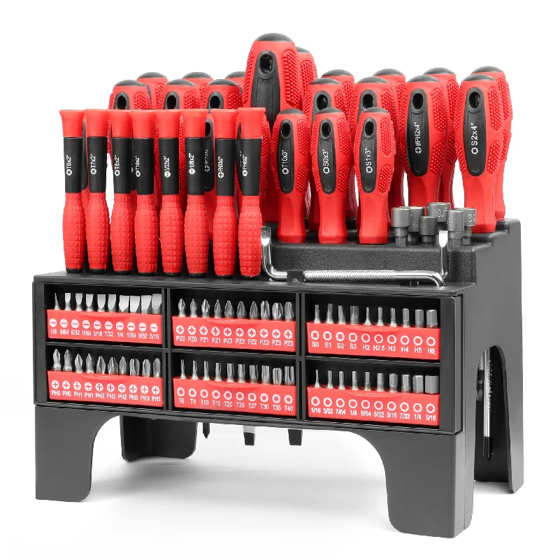 100-piece plastic rack magnetic screwdriver set, including precision screwdrivers, bits, and a magnetizer
100-piece plastic rack magnetic screwdriver set, including precision screwdrivers, bits, and a magnetizer
