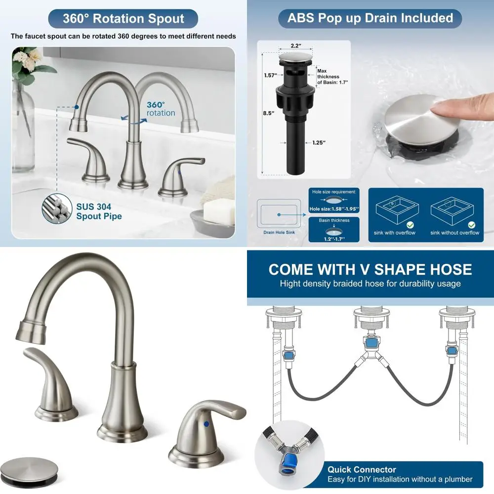 3-Hole 8 Deck-Mounted Dual Handle Bathroom Sink Faucet with Pop-Up Drain, Brushed Nickel Finish
3-Hole 8 Deck-Mounted Dual Handle Bathroom Sink Faucet with Pop-Up Drain, Brushed Nickel Finish