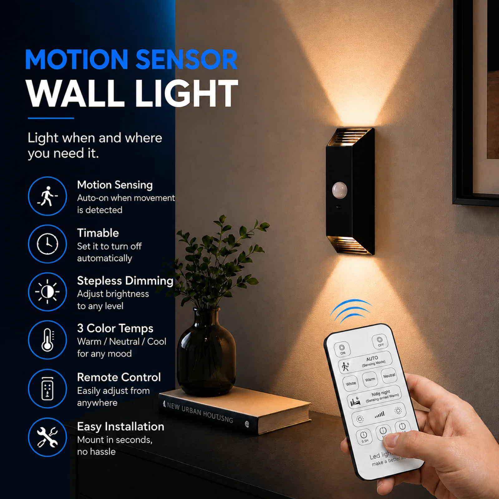 Motion Sensor Wall Light Rechargeable LED Sconce 3 Color Dimmable Up Down Light No Drill Mount for Bedroom Hallway Bathroom
Motion Sensor Wall Light Rechargeable LED Sconce 3 Color Dimmable Up Down Light No Drill Mount for Bedroom Hallway Bathroom