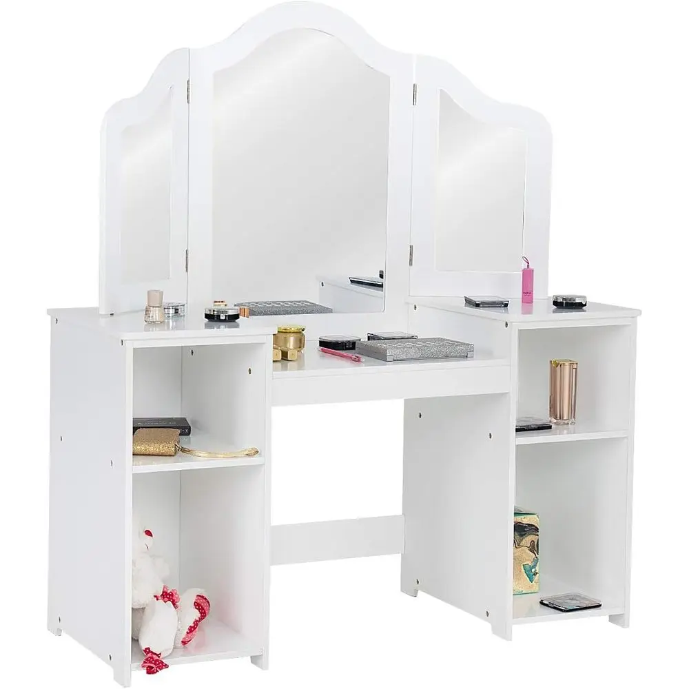 2-in-1 Kids Vanity Table with Detachable Dining Table and Writing Desk, White, Plastic Mirror, 42×16×46, 2 Large Shelves, 3-Pane
2-in-1 Kids Vanity Table with Detachable Dining Table and Writing Desk, White, Plastic Mirror, 42×16×46, 2 Large Shelves, 3-Pane