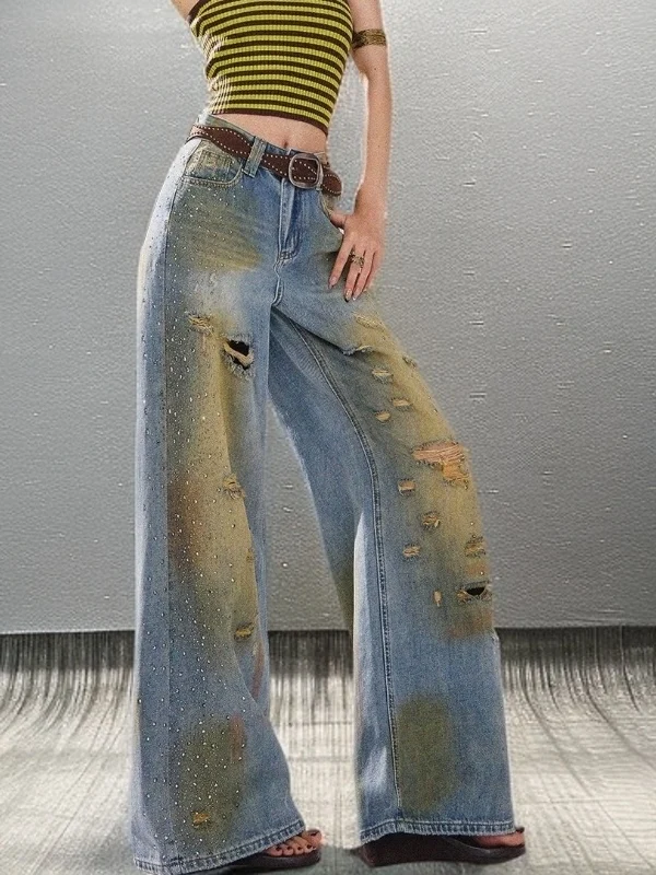 Retro High Waist Wide Leg Jeans Women's Summer Casual Denim Hole Washed Diamond Embellished Loose Fit Trousers
Retro High Waist Wide Leg Jeans Women's Summer Casual Denim Hole Washed Diamond Embellished Loose Fit Trousers