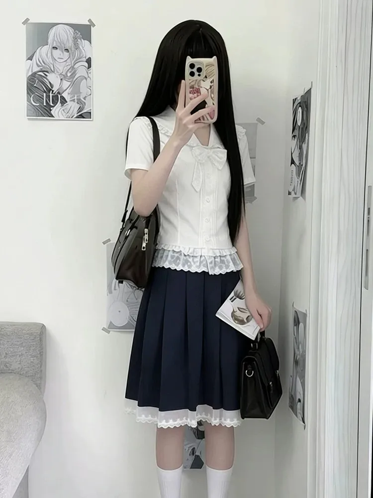 Sweet Japanese Style School Uniform Doll Collar Bow Tie Shirt Pleated Skirt Slim Fit Two Piece Set Women Summer Outfit
Sweet Japanese Style School Uniform Doll Collar Bow Tie Shirt Pleated Skirt Slim Fit Two Piece Set Women Summer Outfit