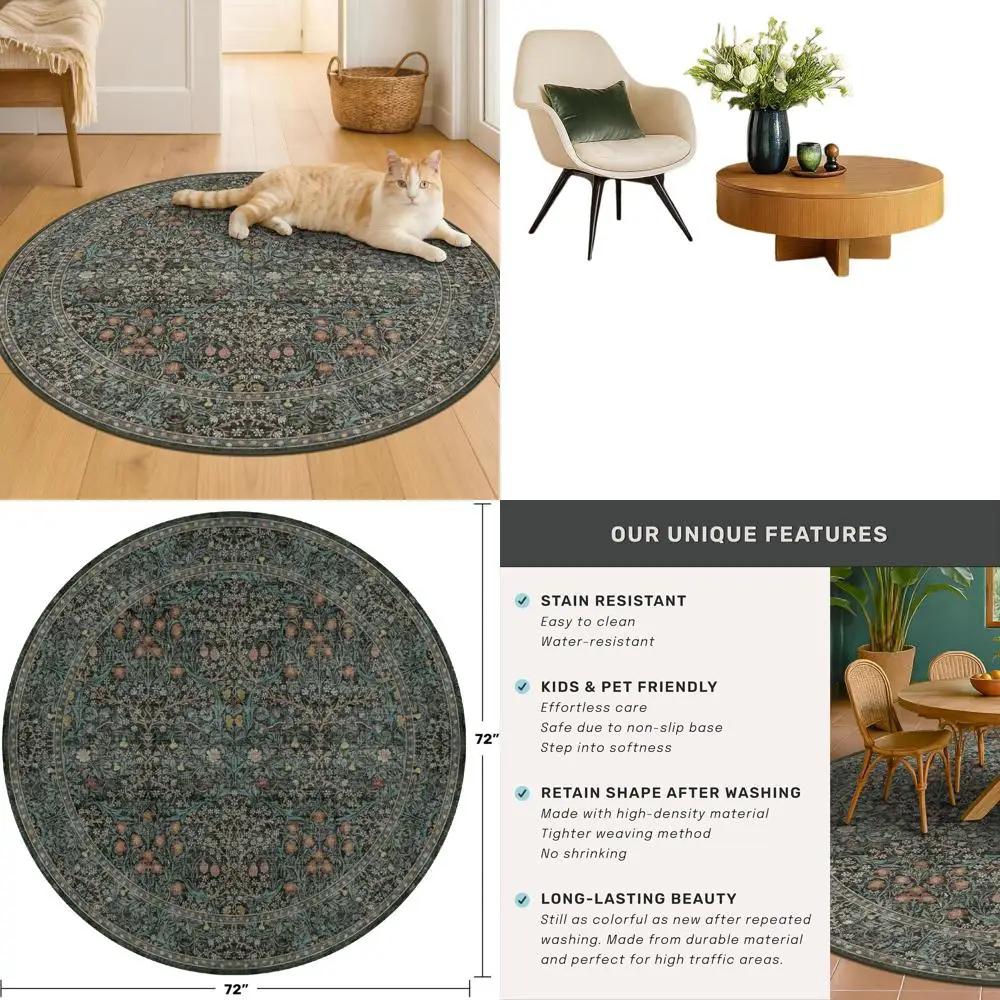 Круглый мягкий ковер 6 футов с нескользящей резиновой основой, темно-зеленый с цветочным узором, для гостиной, спальни, кухни и детской комнаты
Круглый мягкий ковер 6 футов с нескользящей резиновой основой, темно-зеленый с цветочным узором, для гостиной, спальни, кухни и детской комнаты