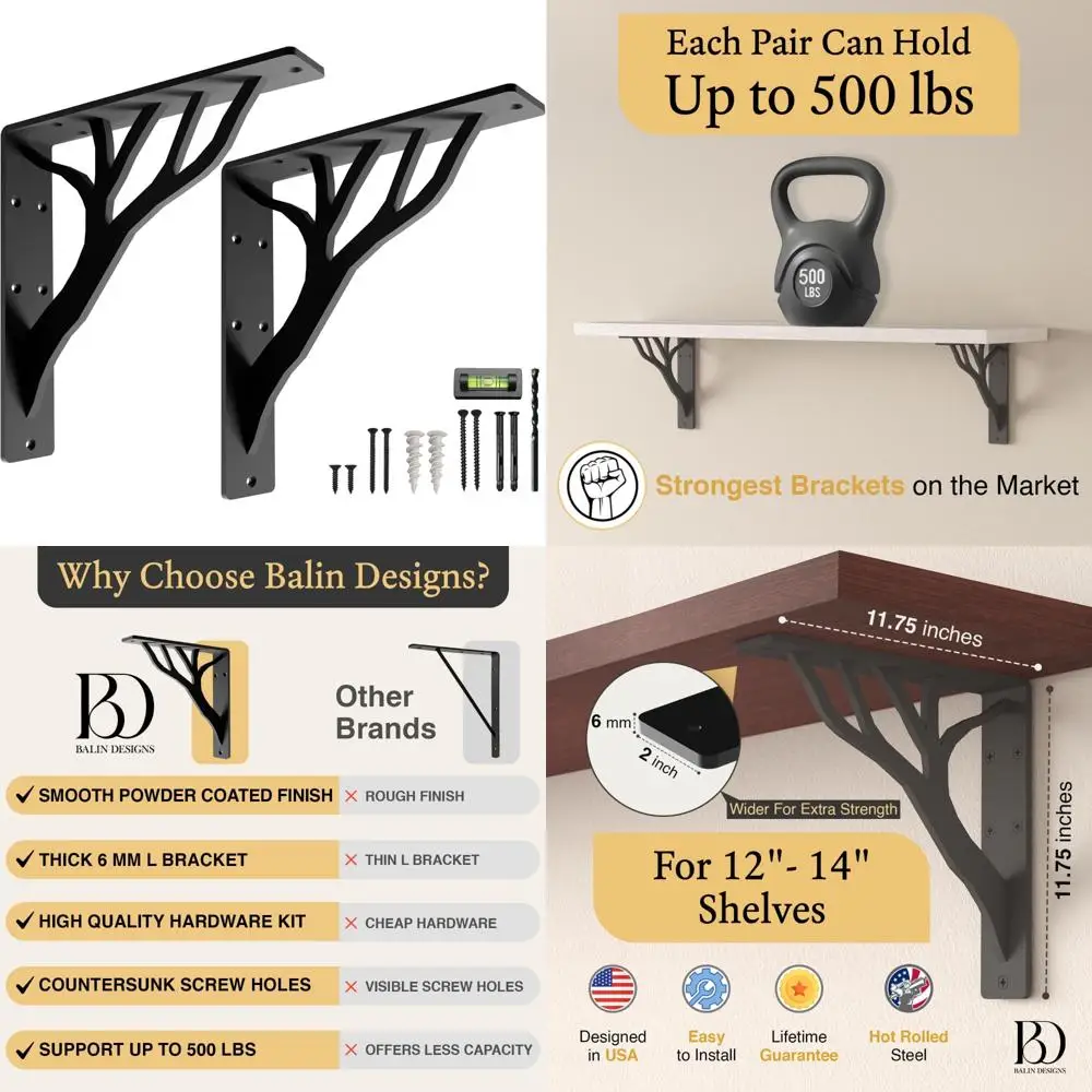 Heavy Duty 12 Inch Rustic Tree Black Metal Shelf Brackets for Decorative Fireplace Mantels and Shelving
Heavy Duty 12 Inch Rustic Tree Black Metal Shelf Brackets for Decorative Fireplace Mantels and Shelving