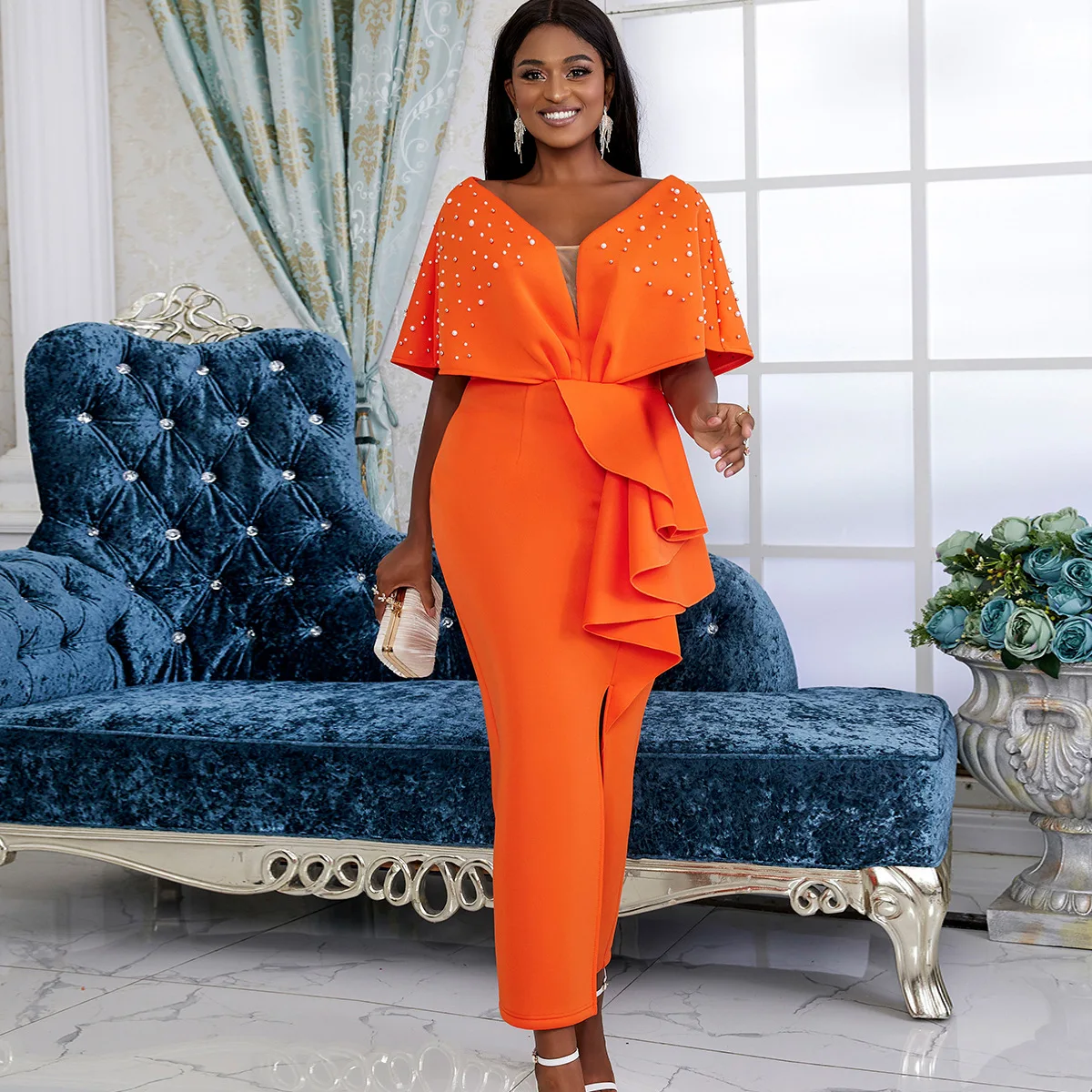 Orange Elegant Cloak Sleeves Slim Dress For Women Sexy Beaded Mesh Patchwork Leg Split Celebrity Evening Party Dresses Vestidos
Orange Elegant Cloak Sleeves Slim Dress For Women Sexy Beaded Mesh Patchwork Leg Split Celebrity Evening Party Dresses Vestidos