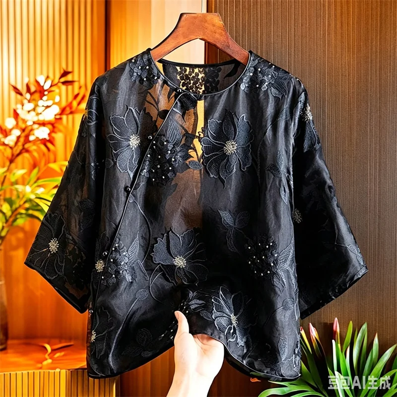 Fashion Spring and Summer Women's Embroidery Micro-Transparent Round Neck Oblique Buckle Black Chinese High-Grade Shirt Top New
Fashion Spring and Summer Women's Embroidery Micro-Transparent Round Neck Oblique Buckle Black Chinese High-Grade Shirt Top New