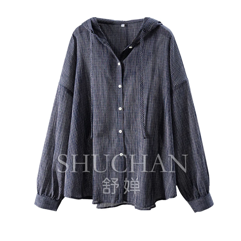 high-end medieval sense navy blue plaid pure cotton drawstring hooded long-sleeved shirt female 13E9
high-end medieval sense navy blue plaid pure cotton drawstring hooded long-sleeved shirt female 13E9
