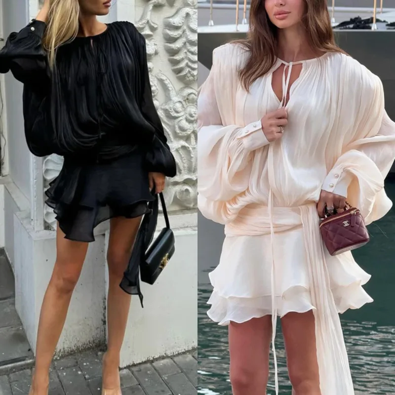 Elegant Lace Up Ruffle Mini Dress For Women 2025 Lantern Sleeve Pleated Party Dress Round Neck Solid Color Vacation Outfit New
Elegant Lace Up Ruffle Mini Dress For Women 2025 Lantern Sleeve Pleated Party Dress Round Neck Solid Color Vacation Outfit New