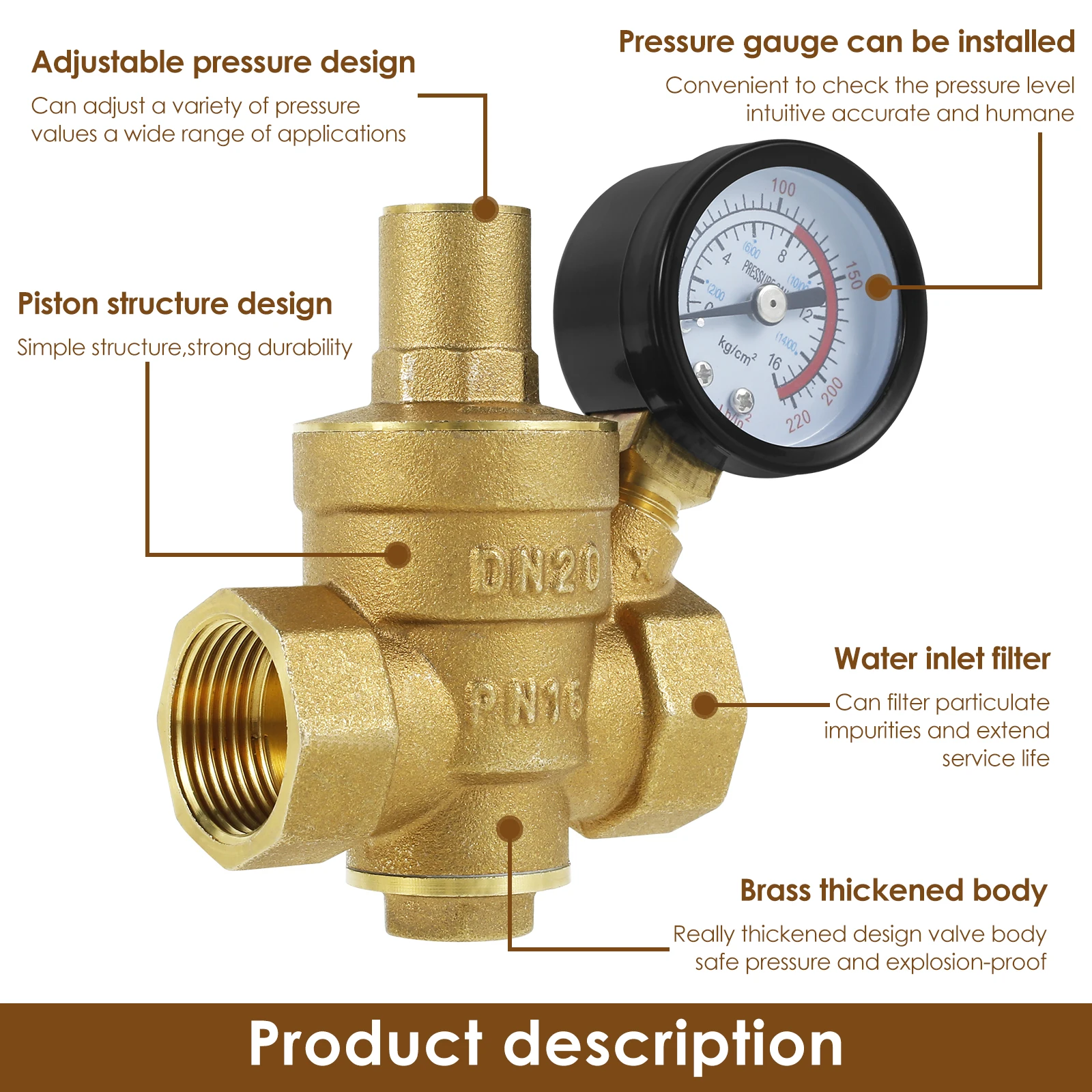 DN20/DN15 Adjustable Brass Water Pressure Regulator Valve with Gauge 3/4" 1/2"Universal Thread Connector for Home Hot and Cold W
DN20/DN15 Adjustable Brass Water Pressure Regulator Valve with Gauge 3/4" 1/2"Universal Thread Connector for Home Hot and Cold W
