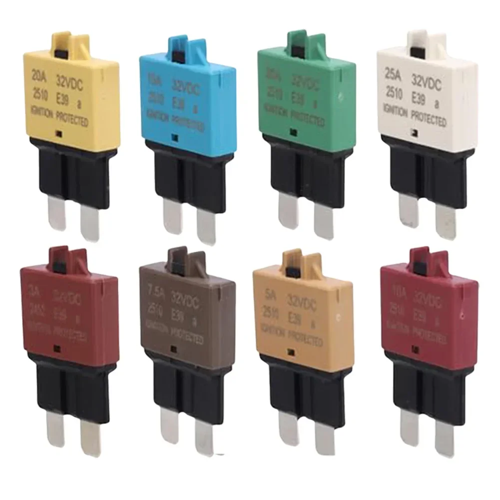 8 pcs Circuit Breaker Blade Fuses for Automotive and For Marine Use Manual Reset Capability Amperages from 3A to 30A 
8 pcs Circuit Breaker Blade Fuses for Automotive and For Marine Use Manual Reset Capability Amperages from 3A to 30A