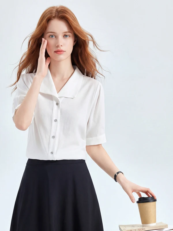 Casual Commute Shirt Summer New Loose Pure Color Short Sleeve Elegant Lady's Top Polyester Fiber Straight Cut Button Detail
Casual Commute Shirt Summer New Loose Pure Color Short Sleeve Elegant Lady's Top Polyester Fiber Straight Cut Button Detail