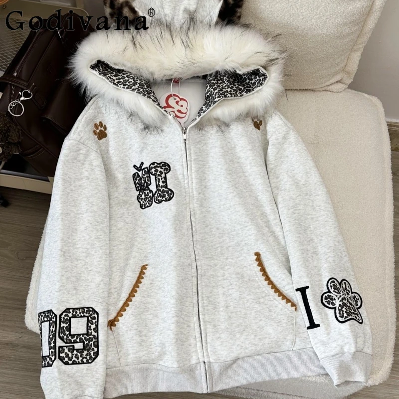Fur Collar Leopard Print Ear Zipper Cardigan Women's Autumn Winter Loose Hooded Sweatshirts Female Japanese Fleece Sweatshirt
Fur Collar Leopard Print Ear Zipper Cardigan Women's Autumn Winter Loose Hooded Sweatshirts Female Japanese Fleece Sweatshirt