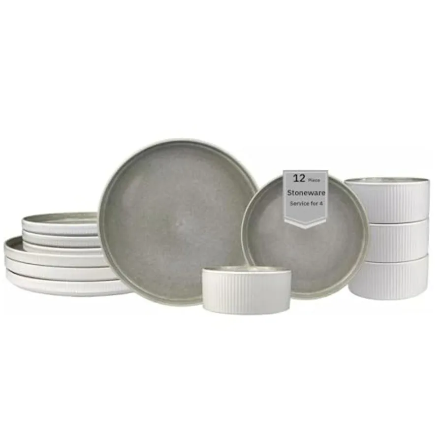 12 Pieces Stoneware Fluted Dinnerware Set Modern Dishes for 4 Premium Serving Plates and Bowls Sets Chip and Scratch Resistant
12 Pieces Stoneware Fluted Dinnerware Set Modern Dishes for 4 Premium Serving Plates and Bowls Sets Chip and Scratch Resistant