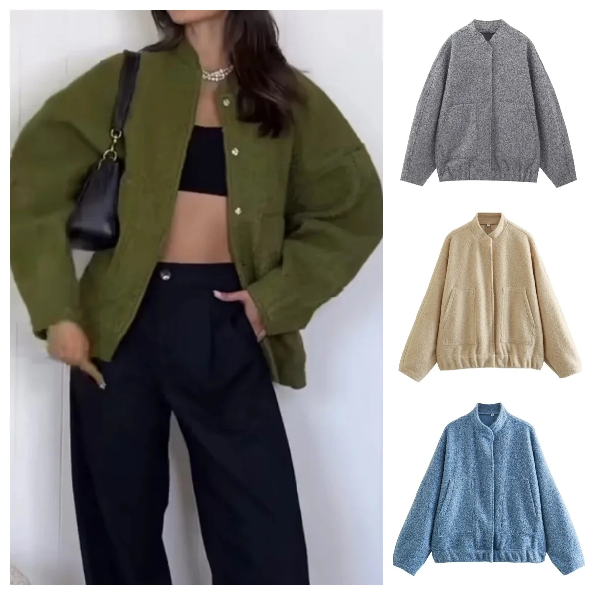 Woman's Oversized Bomber Jacket Autumn New Round Neck Long Sleeve Pocket Hidden Button Loose Jackets Coat Female Outerwear
Woman's Oversized Bomber Jacket Autumn New Round Neck Long Sleeve Pocket Hidden Button Loose Jackets Coat Female Outerwear