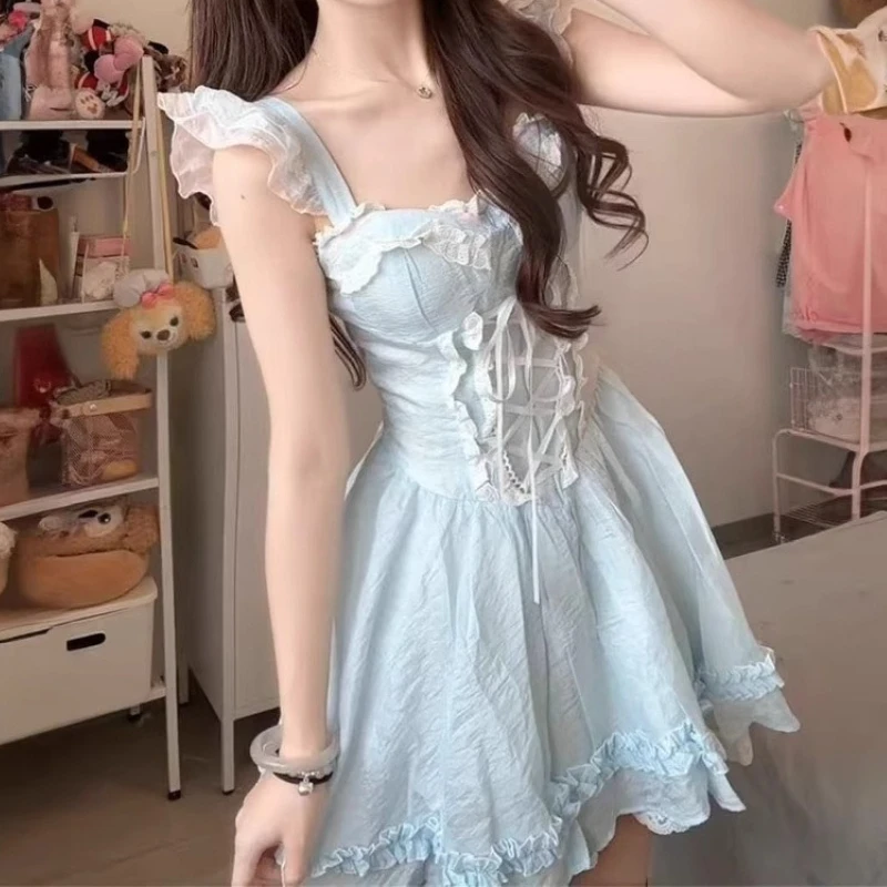 Cute Girly Super Fairy Blue Lace Square Neck Suspender Dress Women's New Puffy Skirt
Cute Girly Super Fairy Blue Lace Square Neck Suspender Dress Women's New Puffy Skirt