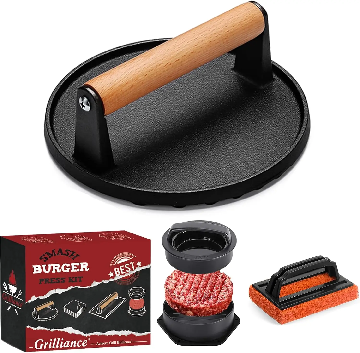 Smash Burger Press Kit, 3 in 1 Hamburger Press Patty Maker, Dark Black Cast Iron Burger Press, Cleaning Pad Set for Grill, Griddle, Flat Top, Kitchen, Cooking
Smash Burger Press Kit, 3 in 1 Hamburger Press Patty Maker, Dark Black Cast Iron Burger Press, Cleaning Pad Set for Grill, Griddle, Flat Top, Kitchen, Cooking