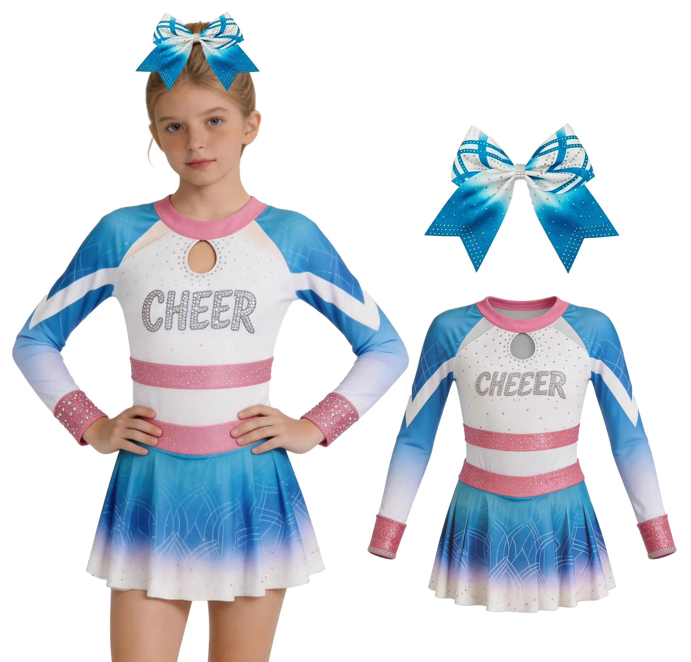 Girls Cheerleading Uniform Long Sleeve Blue Pink Gradient Rhinestone Cheer Dress with Bow Kids Cheerleader Costume Competition
Girls Cheerleading Uniform Long Sleeve Blue Pink Gradient Rhinestone Cheer Dress with Bow Kids Cheerleader Costume Competition