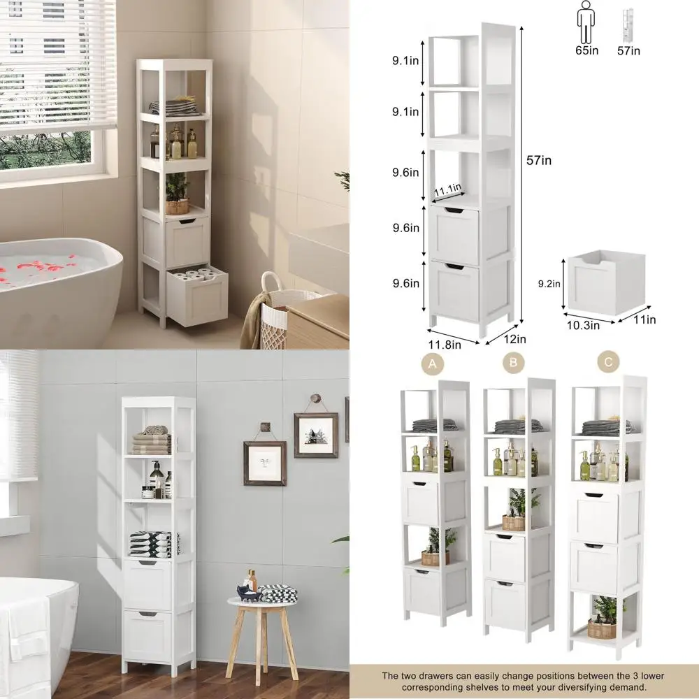 White Wooden Tall Slim Linen Cabinet with 2 Drawers and 3 Shelves for Bathroom Storage
White Wooden Tall Slim Linen Cabinet with 2 Drawers and 3 Shelves for Bathroom Storage
