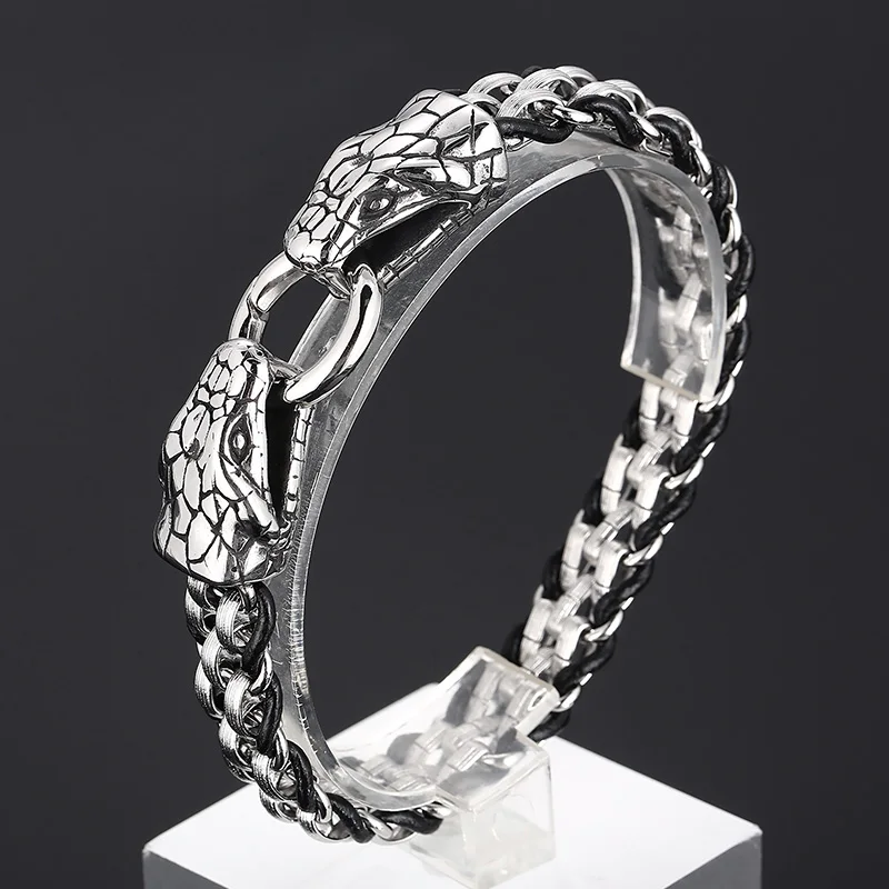 Stainless Steel Double Snake Heads Buckle Bracelets Braided Leather Bracelet For Mens 13mm 8 Inch
Stainless Steel Double Snake Heads Buckle Bracelets Braided Leather Bracelet For Mens 13mm 8 Inch