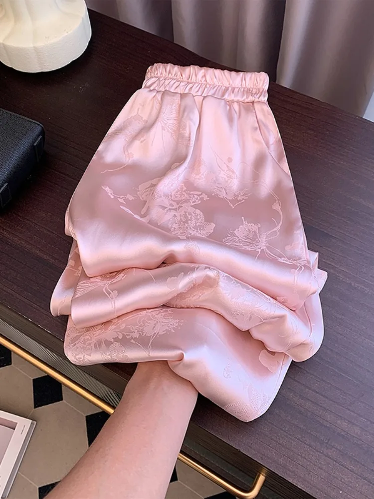Pink Satin Embroidered Wide Leg Pants Women's Casual Spring Summer High Waist Drapey Straight Cut Floor Length Trousers
Pink Satin Embroidered Wide Leg Pants Women's Casual Spring Summer High Waist Drapey Straight Cut Floor Length Trousers