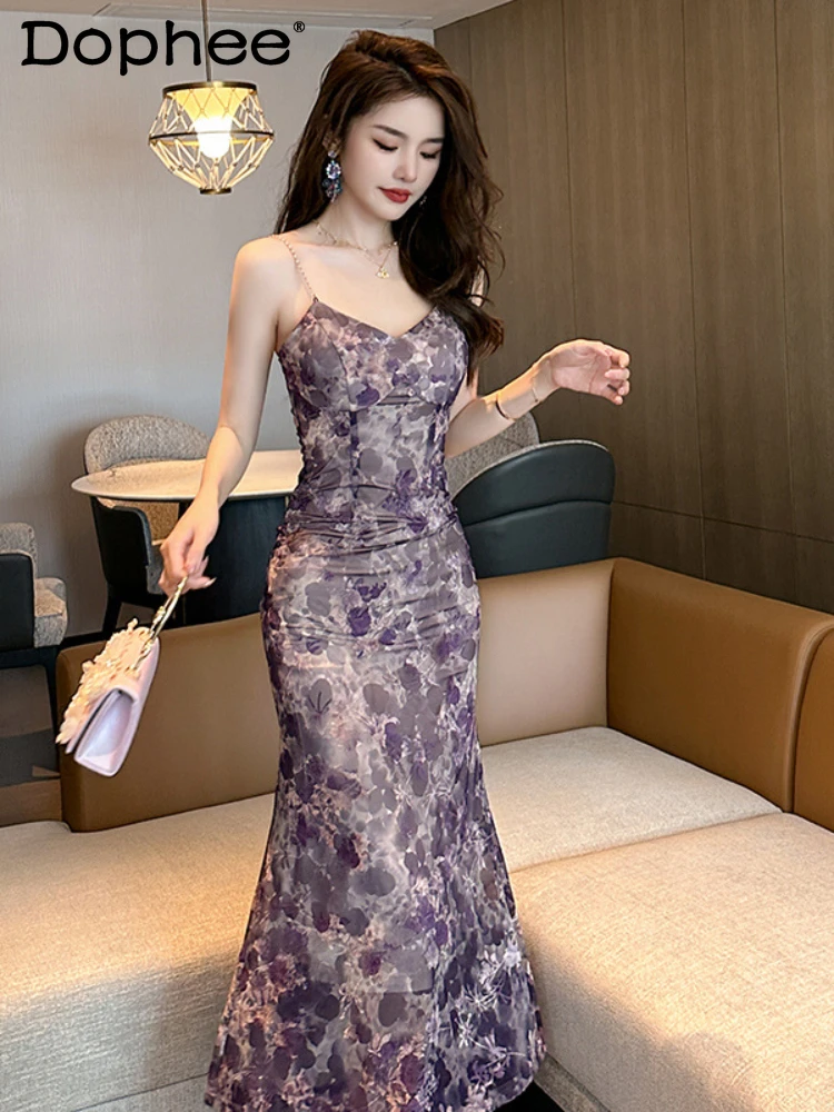 French Floral Strap Dress for Women 2024 Summer New Vintage V-neck Sleeveless Fishtail Sexy Dress Vacation Style Sling Dresses
French Floral Strap Dress for Women 2024 Summer New Vintage V-neck Sleeveless Fishtail Sexy Dress Vacation Style Sling Dresses