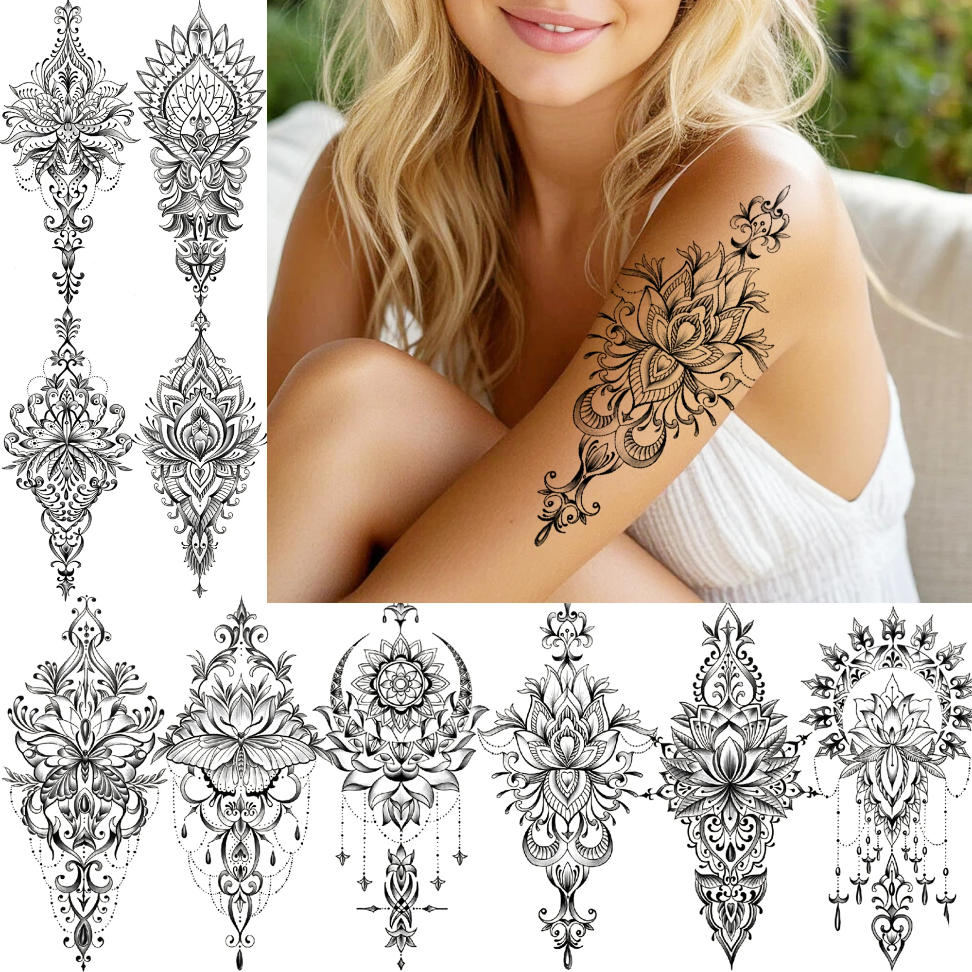 1 Sheet Black Henna Mandala Flower Temporary Tattoos For Women Girls Fake Lace Tattoo Sticker Disposable Decoration Adults Tatoo
1 Sheet Black Henna Mandala Flower Temporary Tattoos For Women Girls Fake Lace Tattoo Sticker Disposable Decoration Adults Tatoo