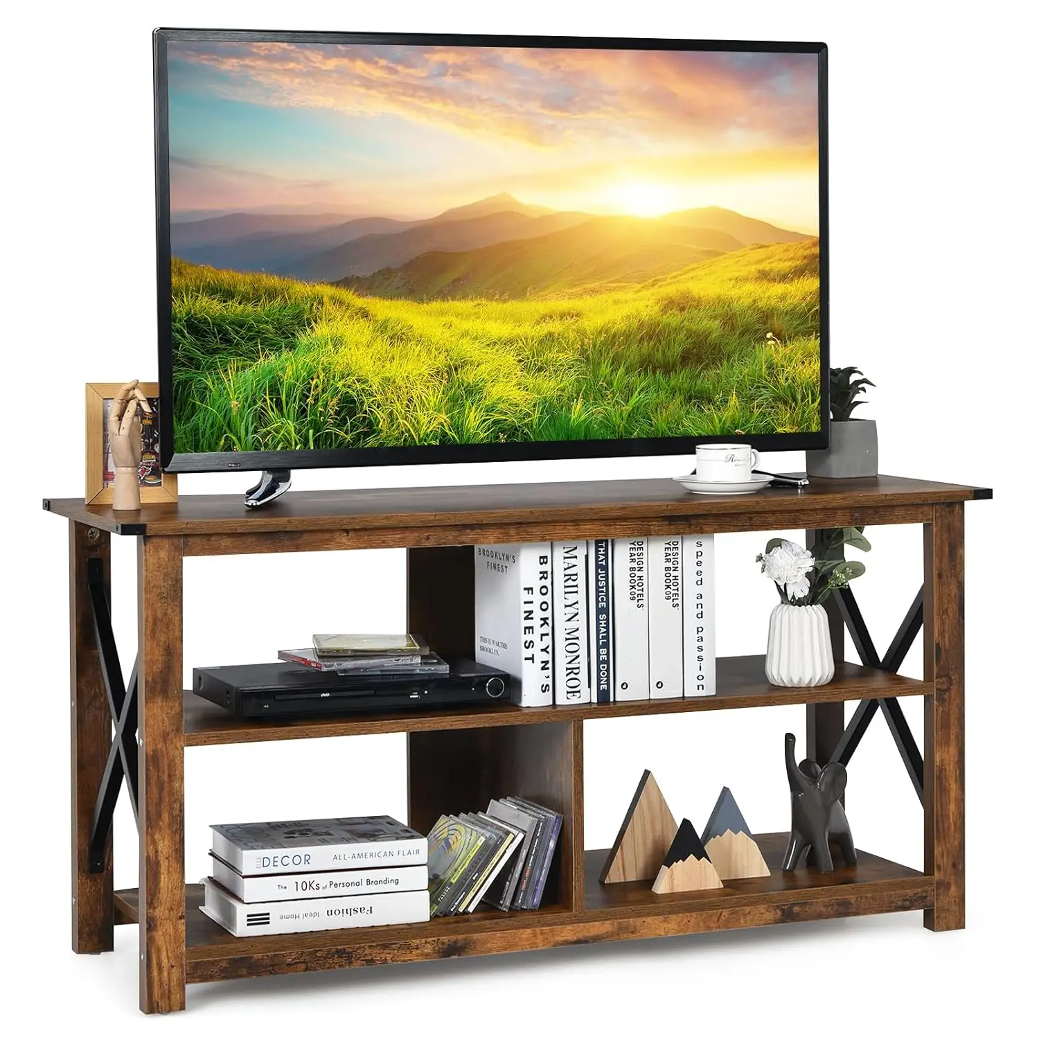 TV Stand Cabinet Entertainment Center Storage Shelf Cable Hole X-Frame Metal Console Table Bedroom Living Room Brown, Customized
TV Stand Cabinet Entertainment Center Storage Shelf Cable Hole X-Frame Metal Console Table Bedroom Living Room Brown, Customized