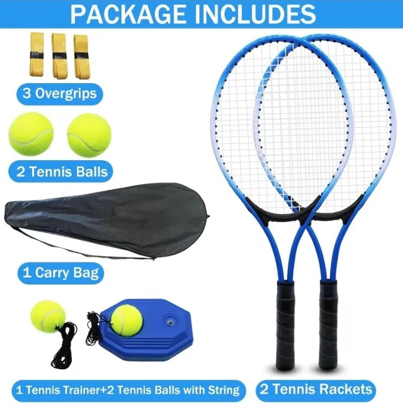 Tennis Racket Set with Trainer – 2 Rackets, 4 Balls, 3 Overgrips & Carry Bag for Solo Training