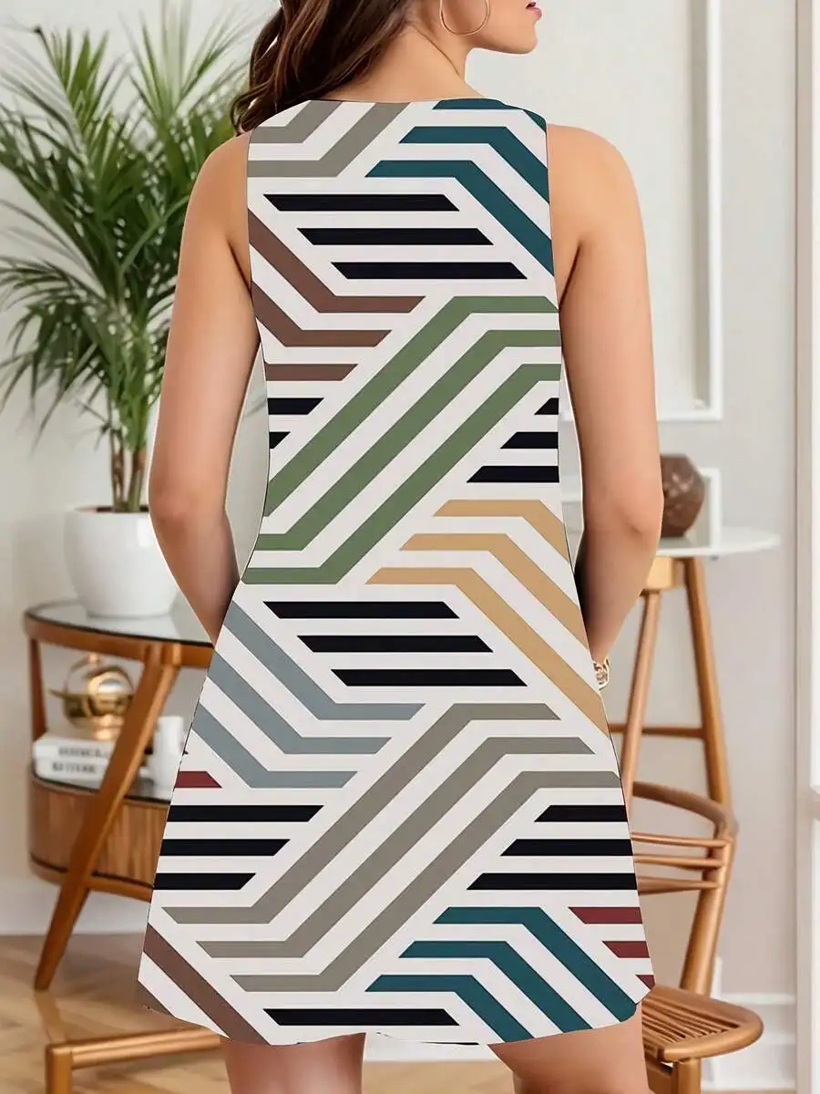 Women Sleeveless Dress Geometric Stripes Pattern Summer Casual A-Line Dress
Women Sleeveless Dress Geometric Stripes Pattern Summer Casual A-Line Dress