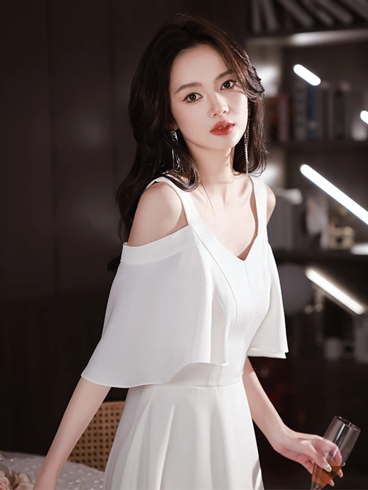 Elegant White Satin Evening Dress Women's Fashion Mid-Waist A-Line Skirt Five-Sleeve Deep V-Neck Arm Covering Luxury Dress
Elegant White Satin Evening Dress Women's Fashion Mid-Waist A-Line Skirt Five-Sleeve Deep V-Neck Arm Covering Luxury Dress