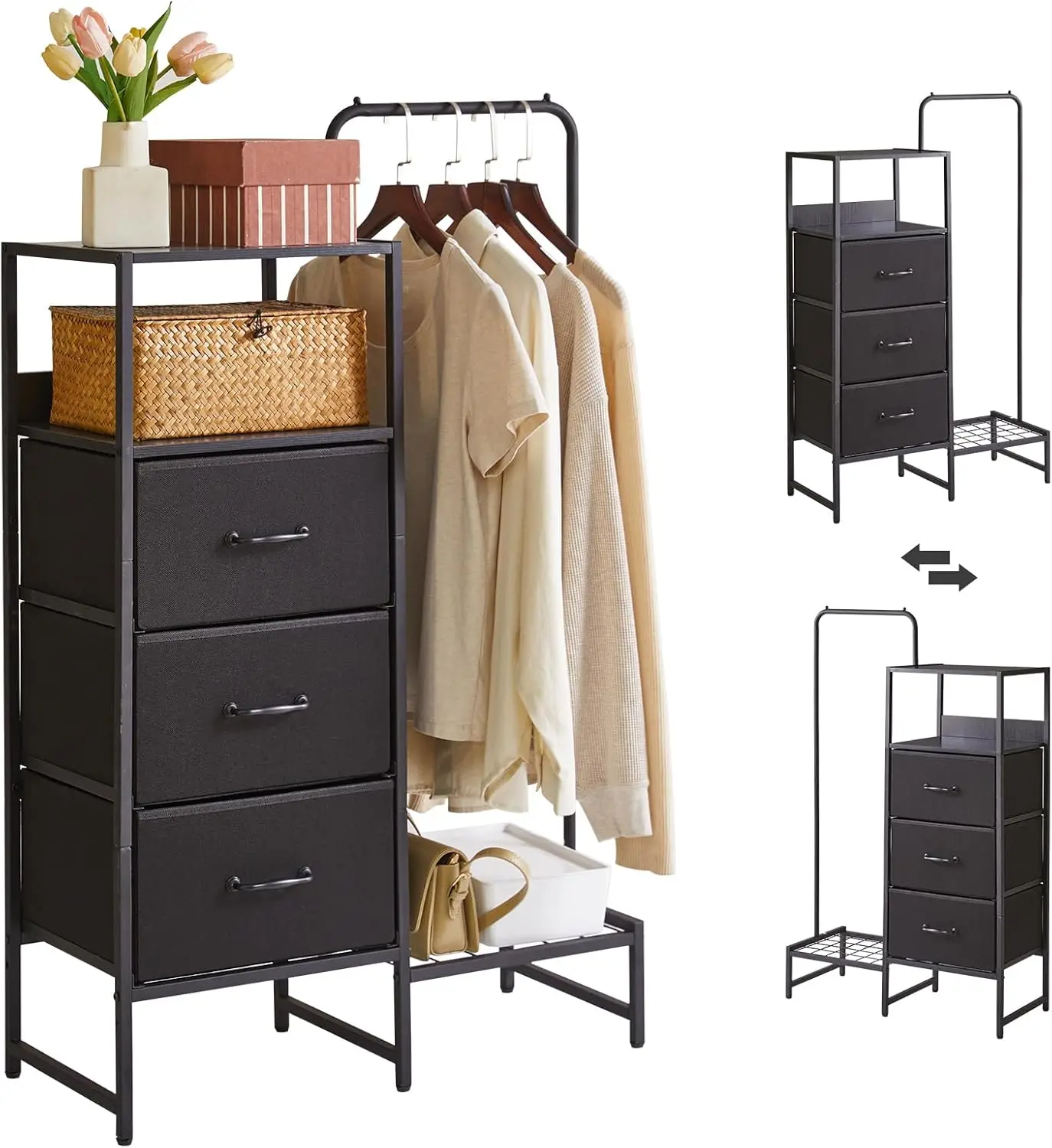 Clothes Rack with Shelves and Hanging Rod, 3 Drawers Coat Hanger for Small Spaces, Reversible Storage Organizer Black
Clothes Rack with Shelves and Hanging Rod, 3 Drawers Coat Hanger for Small Spaces, Reversible Storage Organizer Black