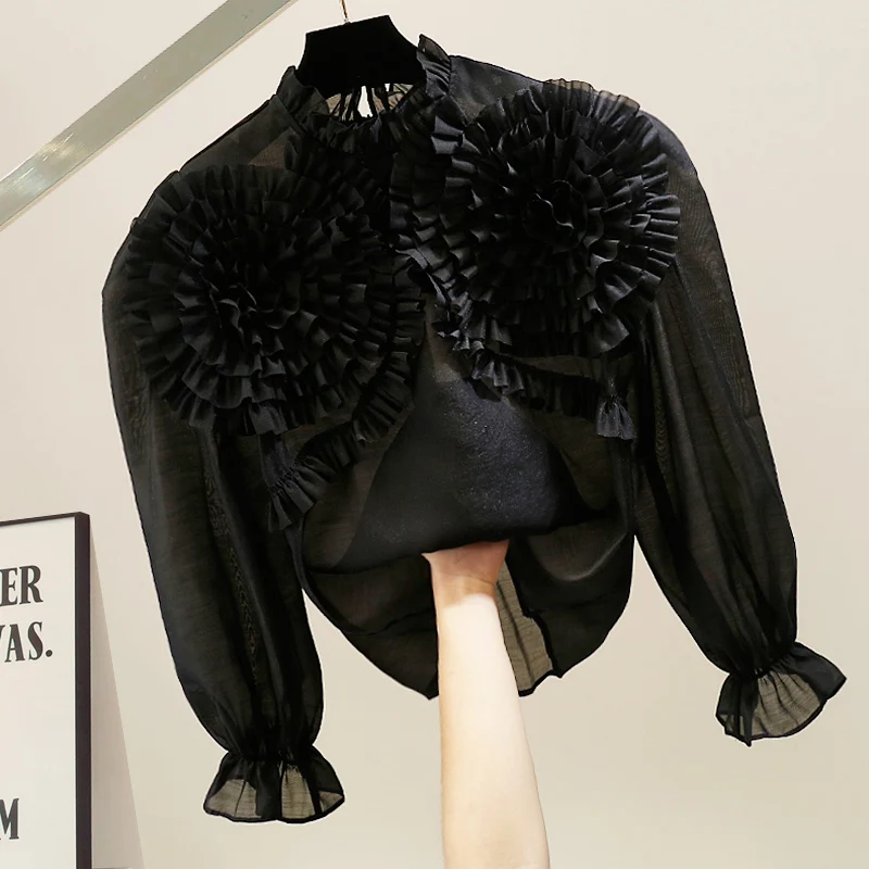 Faionable Loose Long Sve irt with Heavy Embroidery Ogees Lace Bell Sves Stand Collar Korean Sle Slimming Top
Faionable Loose Long Sve irt with Heavy Embroidery Ogees Lace Bell Sves Stand Collar Korean Sle Slimming Top