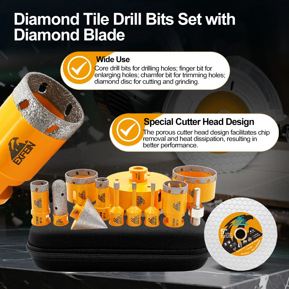 EXFEIN Diamond Drill Bits Dia 6-110mm for Slate Tile Marble M14 Core Bit Hole Saw Milling Chamfer 6-110mm
EXFEIN Diamond Drill Bits Dia 6-110mm for Slate Tile Marble M14 Core Bit Hole Saw Milling Chamfer 6-110mm