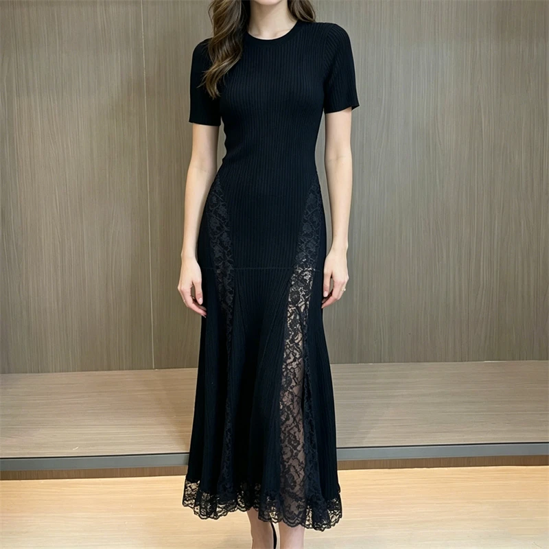 High-Quality Summer New Women's round Neck Lace Splice Short Sleeve Knitted Dress Fashion Casual Elastic Slim A-Line Long Dress
High-Quality Summer New Women's round Neck Lace Splice Short Sleeve Knitted Dress Fashion Casual Elastic Slim A-Line Long Dress