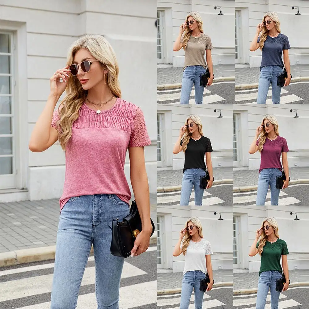 Women's Short Sleeve Patchwork Lace T-shirt Casual Style Slim Fit Polyester Fiber Splice Design Top Short Sved
Women's Short Sleeve Patchwork Lace T-shirt Casual Style Slim Fit Polyester Fiber Splice Design Top Short Sved