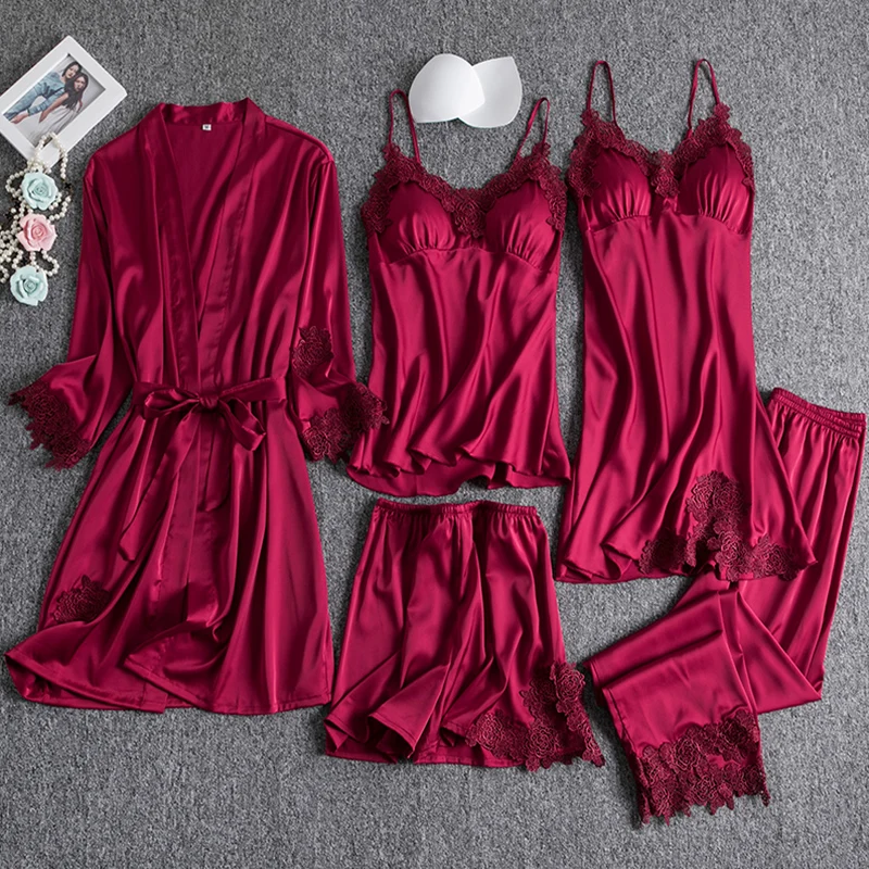 5PCS Pajamas Set for Women Spring Summer Sleepwear Sexy Lace Trim Bathrobe Nightgown Casual Satin Pijamas Suit Lounge Wear
5PCS Pajamas Set for Women Spring Summer Sleepwear Sexy Lace Trim Bathrobe Nightgown Casual Satin Pijamas Suit Lounge Wear