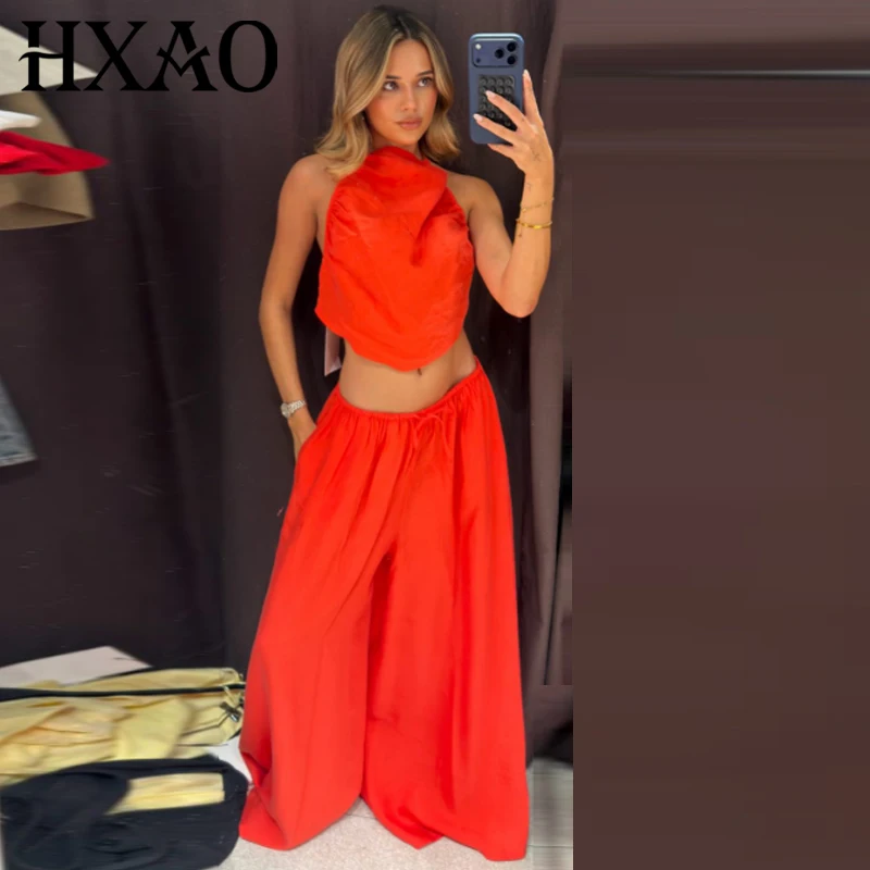 HXAO Red Ruffled Pants Sets Women's Suit Halter Crop Backless Sleeveless Top 2 Piece Set Chic High Waist Baggy Trousers Outfits
HXAO Red Ruffled Pants Sets Women's Suit Halter Crop Backless Sleeveless Top 2 Piece Set Chic High Waist Baggy Trousers Outfits