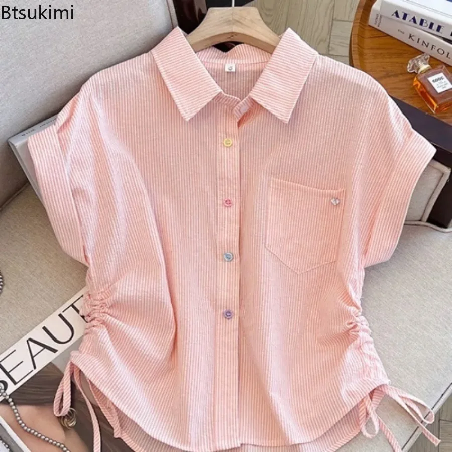 Youth Sweet Drawstring Striped Shirt Tops Short Sleeve Polo Neck All-match Korean Blouse Fashion Casual Women Clothing Summer
Youth Sweet Drawstring Striped Shirt Tops Short Sleeve Polo Neck All-match Korean Blouse Fashion Casual Women Clothing Summer